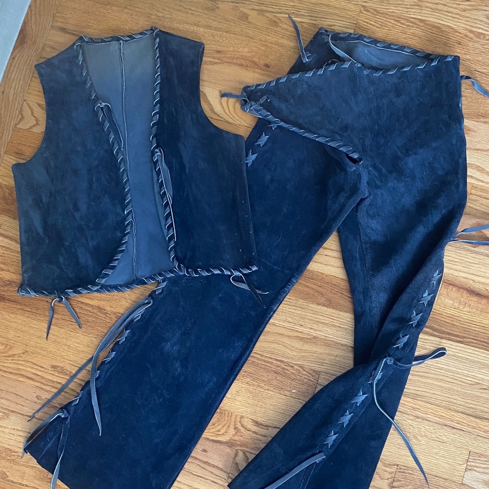 Vintage Stylish Navy Suede Women's Pants & Vest Set